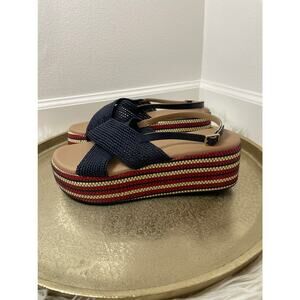 ANTHROPOLOGIE Red, Cream, and Blue Raffia Platform Sandals Size 10